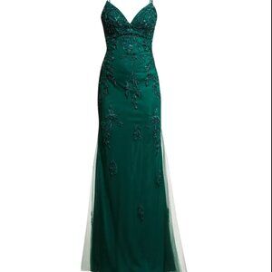 Prom Dress: Faviana Women's Hunter Green V-neck Beaded Applique Open-Back Gown